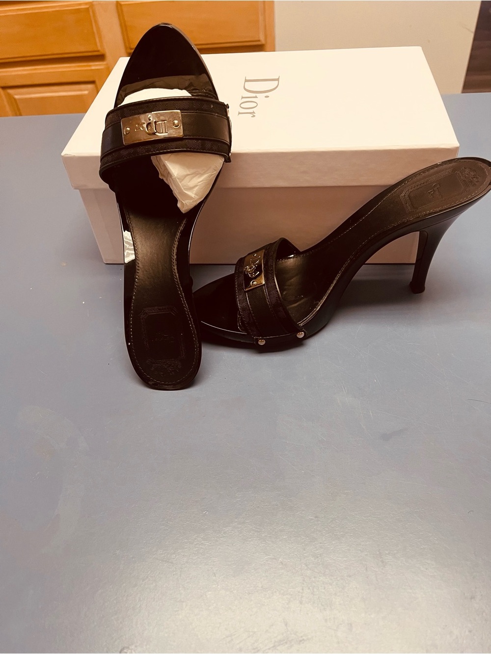 Dior Black Leather Open-Toe Mules with Gold-Tone Logo Plate